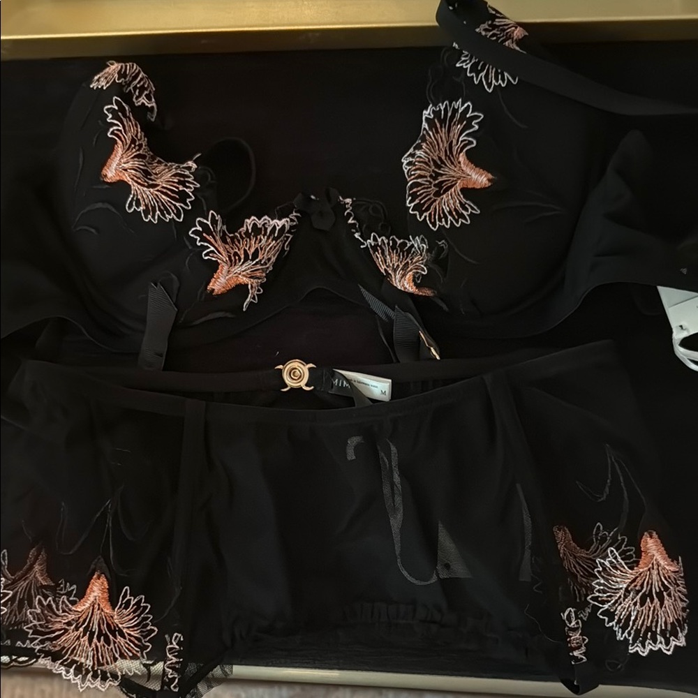 Elegant Black and Orange Embroidered Lingerie Set